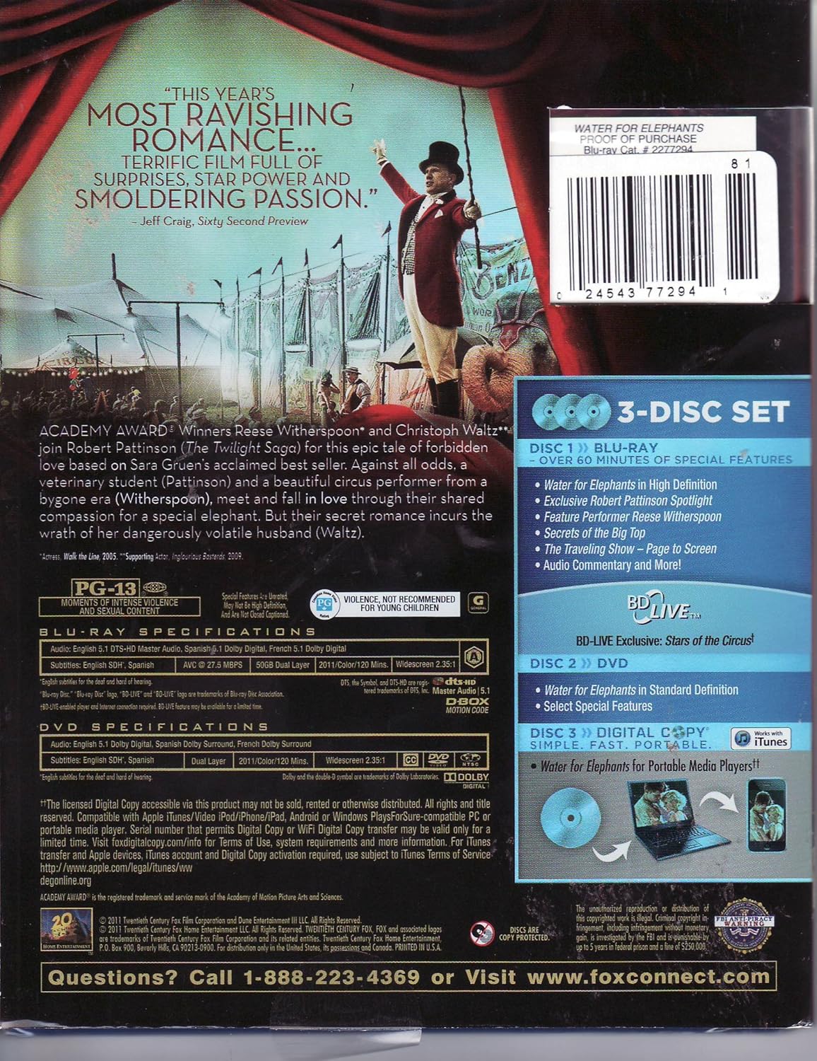 Amazon Com Water For Elephants Blu Ray Dvd Combo Digital Copy Movies Tv