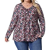 Agnes Orinda Plus Size Floral Tops for Women 2024 V Neck Long Sleeve t Shirt Ruffle Tunic Blouses Top Fall