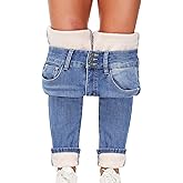 Fleece Lined Jeans Women Thermal Flannel Lined Jeans 3 Buttons Winter Warm Skinny Stretch Denim Pants