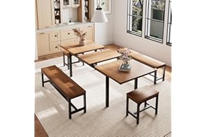 Einhomn 5 Pieces Dining Room Table Set for 4-6, 63" Extendable Kitchen Table Set with 2 Benches & 2 Stools, Small Dining Table Set with Metal Frame & MDF Board, Walnut