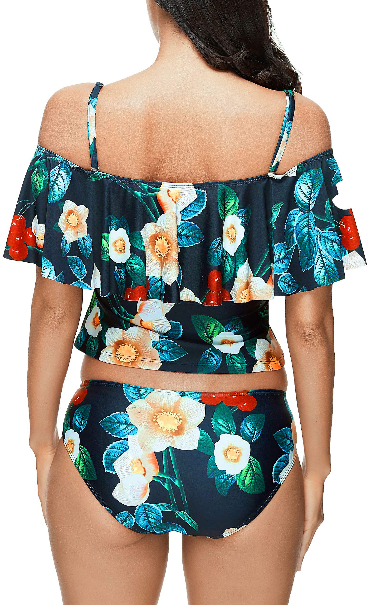 YONGDONG Women Off Shoulder Flounce Bikini Set Ruffle Two Pieces Swimsuit Floral Print Swimwear(L) Black