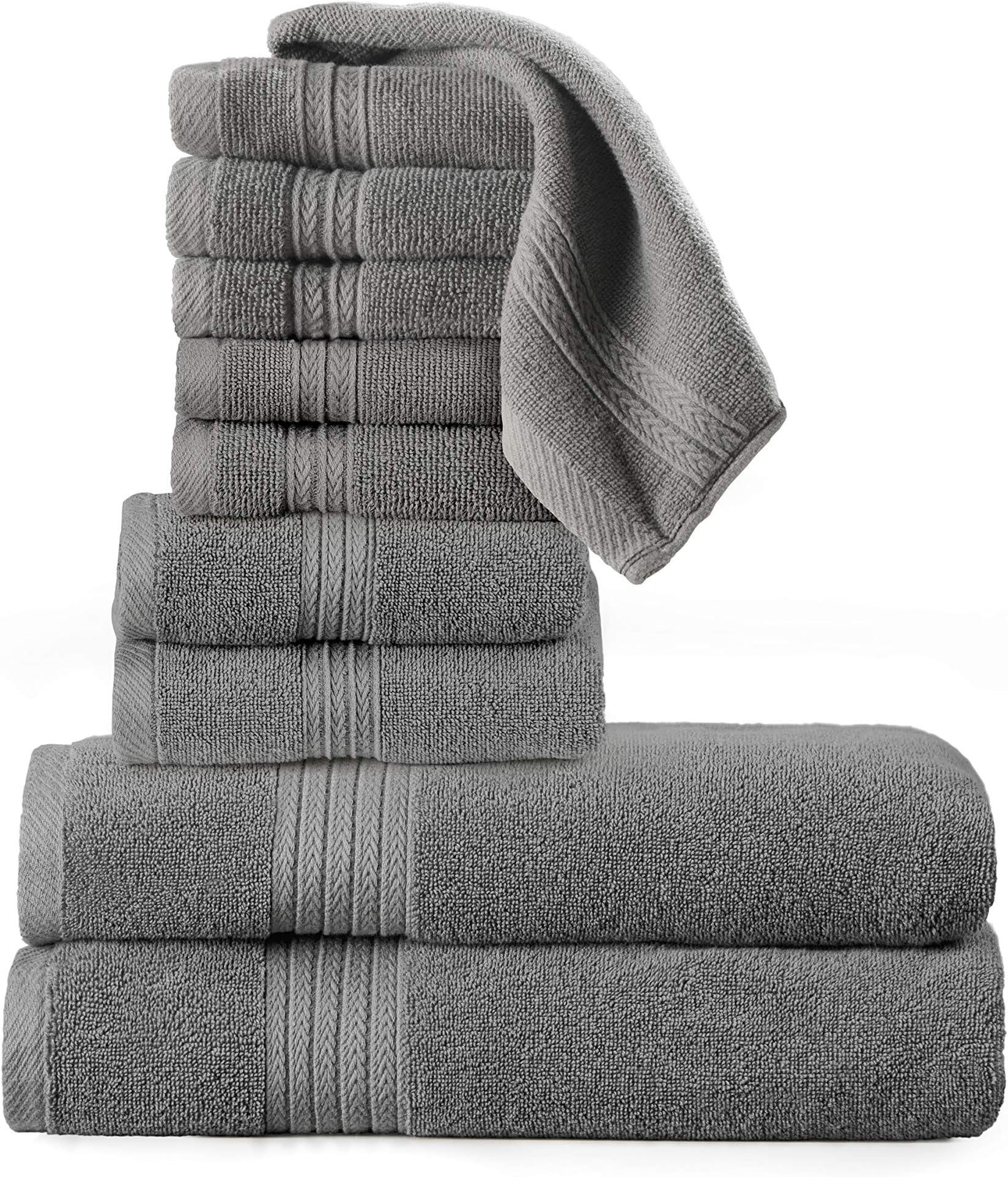 TowelPro Luxury Premium Soft 100% Woven Cotton Highly Absorbent Machine Washable Multi-Purpose, Hotels, Spa, Home Towels Set of 10-2 Bath Towels, 2 Hand Towels, 6 Wash Cloths (Gray)