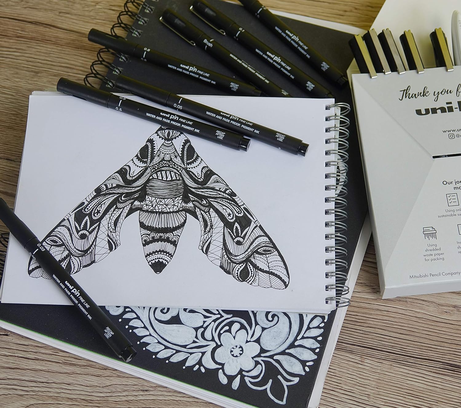 uni-ball Uni Pin Black Fineliners. Premium Assorted Nib Sizes + One Gel Pen for Precise Sketch Handwriting & Technical Drawing. Permanent Fade and Waterproof Super Ink Art Pens. Set of 14 - Image 4