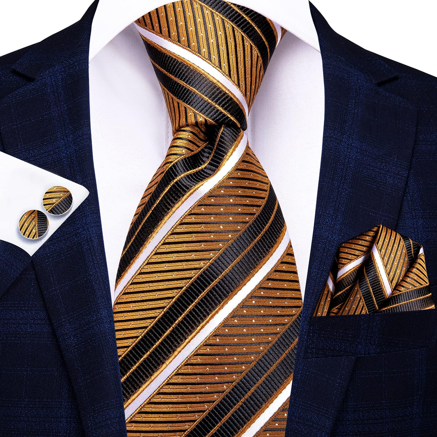 Hi-Tie Mens Gold and Black Ties Striped Woven Silk Classic Necktie with Pocket Square and Cufflinks Set Wedding Busienss: Clothing
