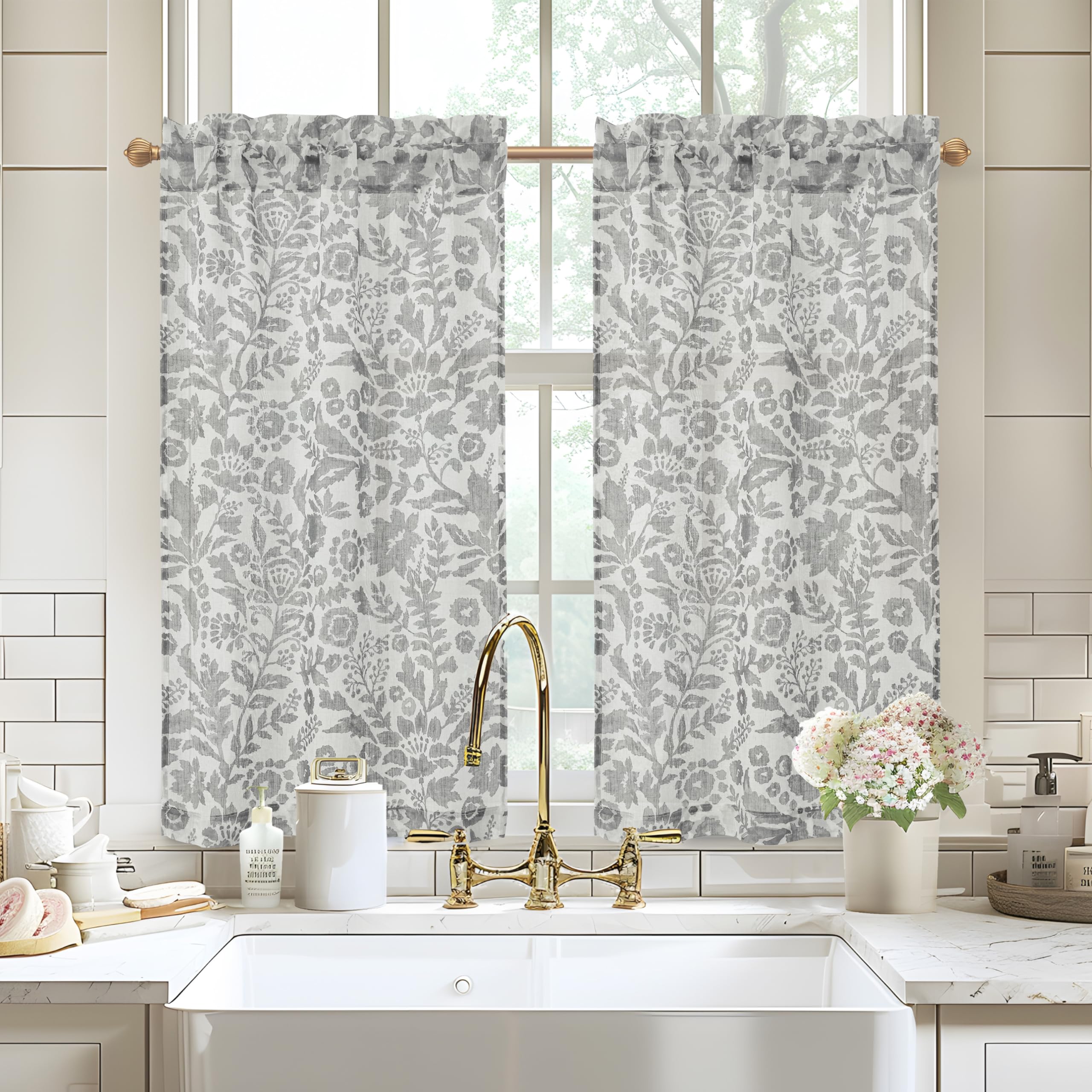 Photo 1 of DriftAway Kitchen Curtain Floral Tier Linen Short Watercolor Flower Patterned Cafe Curtains 45 Inch Length for Living Room Bathroom Julia Farmhouse Rustic Drapes Rod Pocket 2 Panels Gray