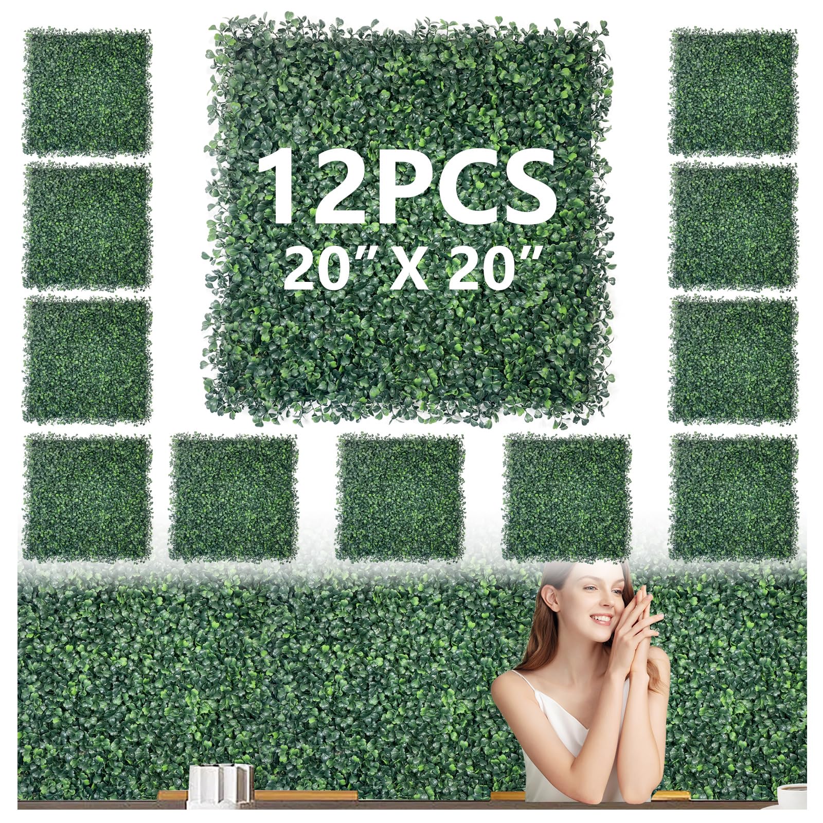 Photo 1 of 12Pcs 20"x 20" Grass Wall Panels Greenery Wall Backdrop Artificial Boxwood Hedge Panels UV Protected for Indoor Outdoor Privacy Hedge Green Grass Wall Panels Garden Fence, Backyard Decor