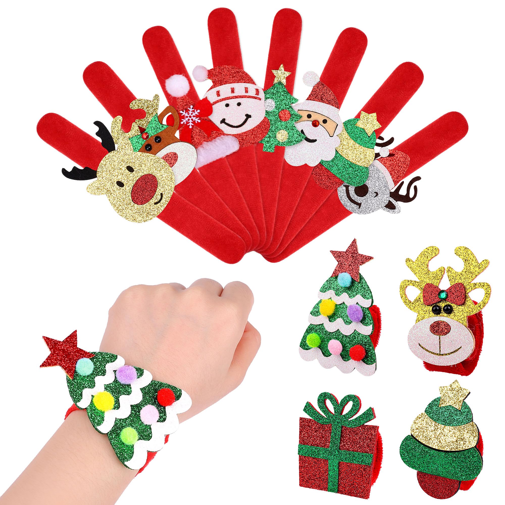Aodaer 24 Pieces Christmas Slap Bracelets Xmas Slap Bands Red Velvet Glitter Style Wristband Include Santa Claus Snowman Reindeer for Christmas Gifts Party Favors Accessory Supplies
