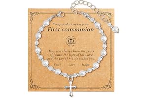 Eaciy First Communion Gifts for Girls - Pearl Cross Bracelet for Girls First Holy Communion, Baptism, Confirmation Gifts for Teen Girls Granddaughter Daughter Niece