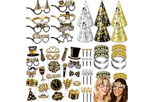YinnFeen 54 Pcs Happy New Year Party Kit, Happy New Year Photobooth Props, Funny New Years Cone Hats Glasses Tiara Selfie Pro