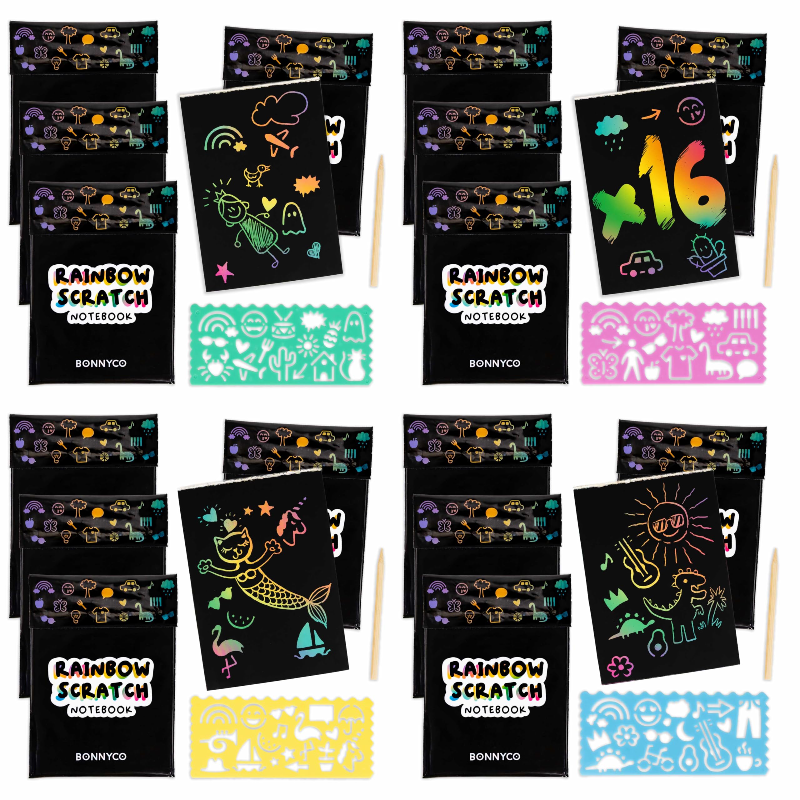 BONNYCO Rainbow Scratch Art for Kids, 16 Sets with Notebook, Stencil and Wooden Stylus. Party Bag Fillers for Kids, Classroom Prizes and Favours. End of Term Gifts Ages 3 to 12
