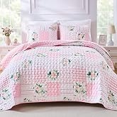 Full Queen Size Pink Floral Quilt Bedding Set Reversible Patchwork Quilted Bedspread Coverlet Set 3-Piece Lightweight Comforter Bed in a Bag Queen Bed Sheet Set Cover Blanket with 2 Pillow Shams
