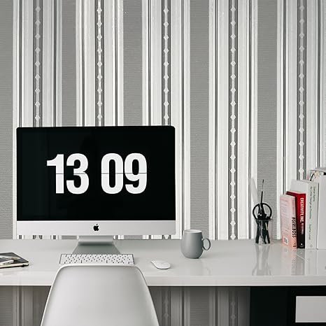 Amazon 113 52sq Ft Rollsエンボスプレミアムslavyanski Wallcoveringsモダン ストライプパターン化ダマスクビニール不織布壁紙ホワイトグレーシルバーメタリックlines Glitter Sparkles Textured 3d壁貼り付けしのみ 壁紙