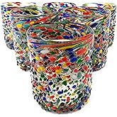 Hand Blown Mexican Drinking Glasses – Set of 6 Confetti Rock Tumbler Glasses (10 oz each)