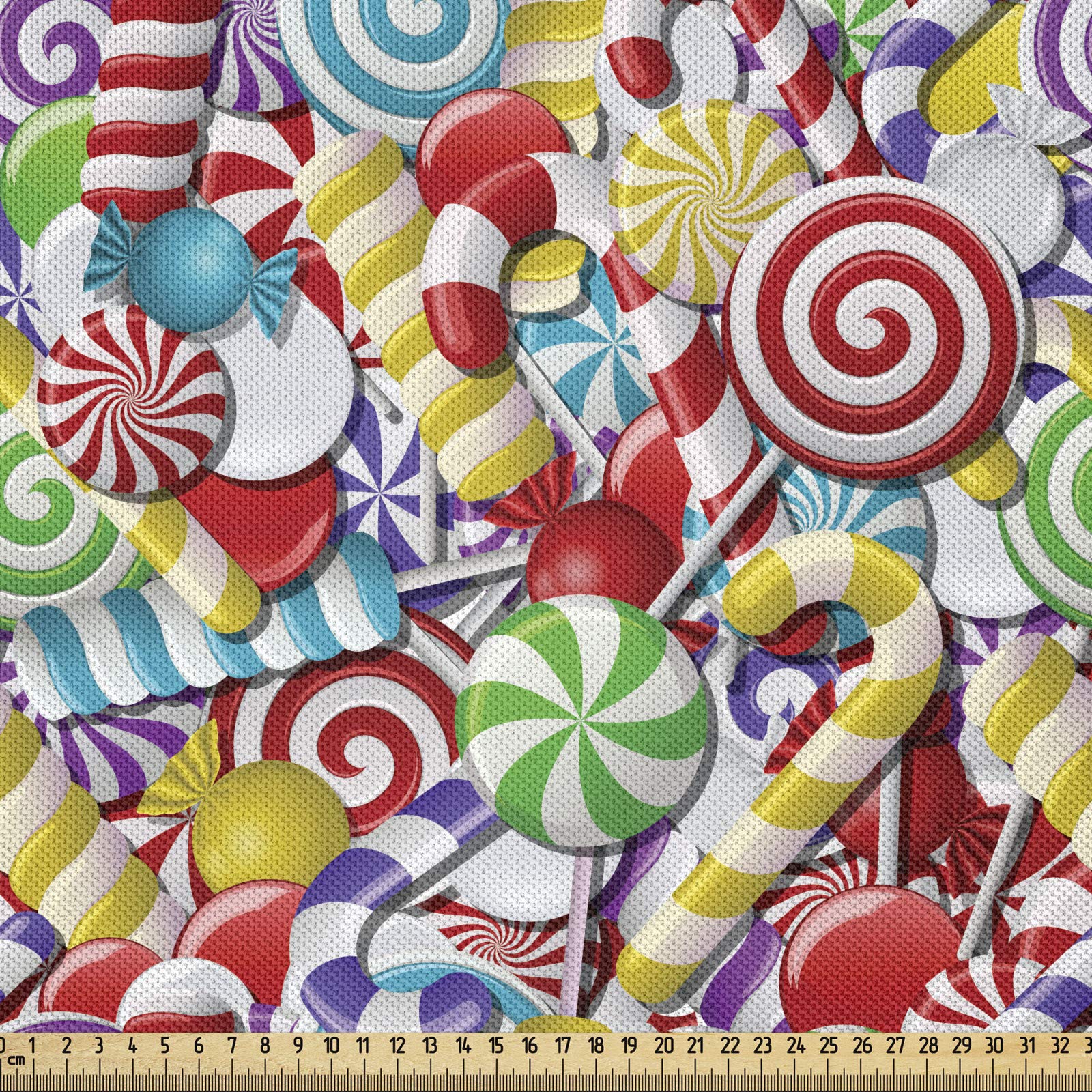 ABAKUHAUS Candy Cane Fabric by the Yard, Bonbons Lollipops Sugary Treats Sweeties Colorful Pile for Occasions, Microfiber Fabric for Arts Crafts Textiles Decor 3M (148x300cm), Multicolor