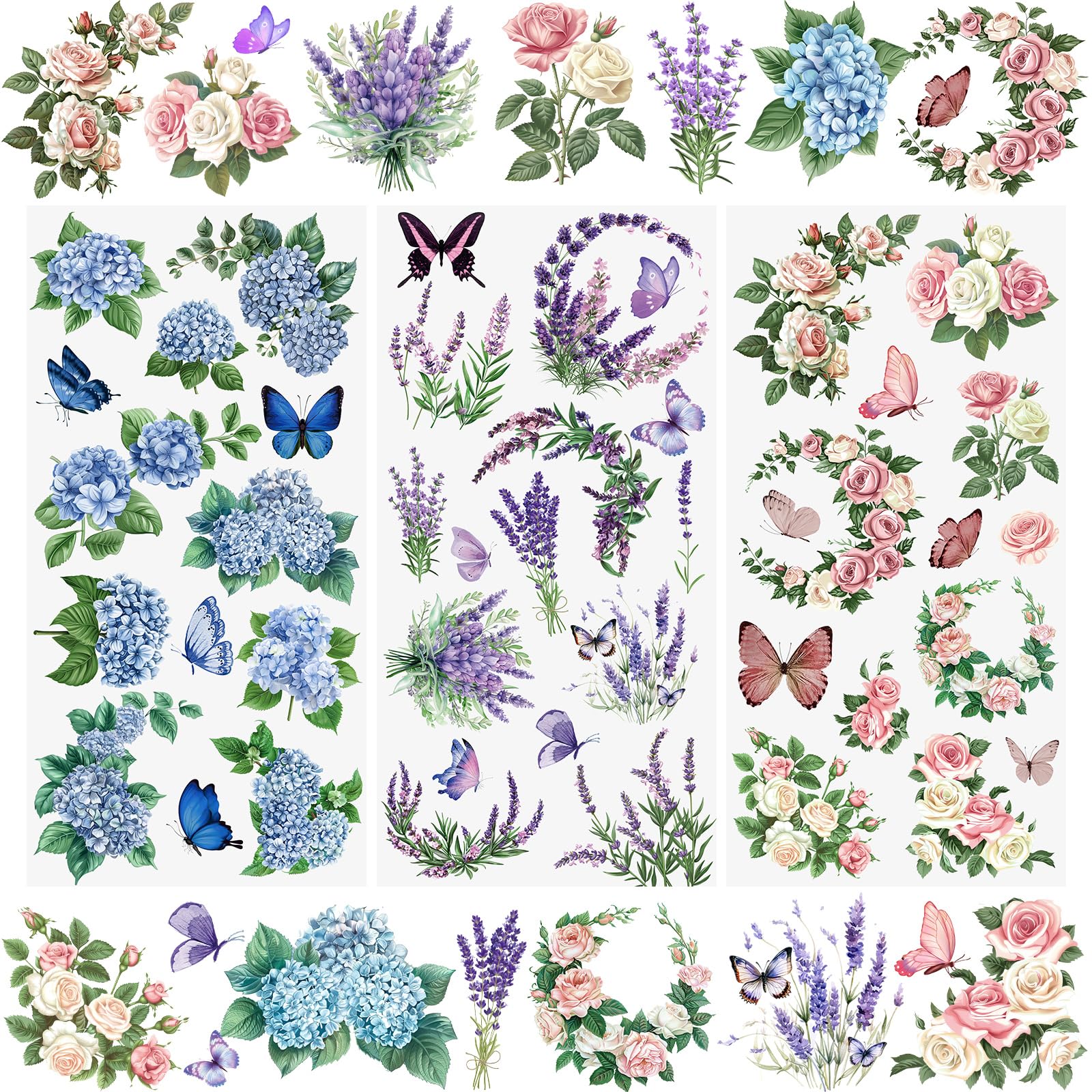 WANDIC 3 Sheets Rub On Transfer Sticker, Butterfly Floral Stickers for DIY Scrapbooking Photo Albums furniture,5.9 * 11.8in