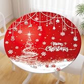 Merry Christmas Round Fitted Tablecloth with Elastic Xmas Table Cover | Waterproof Polyester Red Snowflake Round Table Cloth Winter Wonderland Christmas Decorations for Kitchen Dining Party