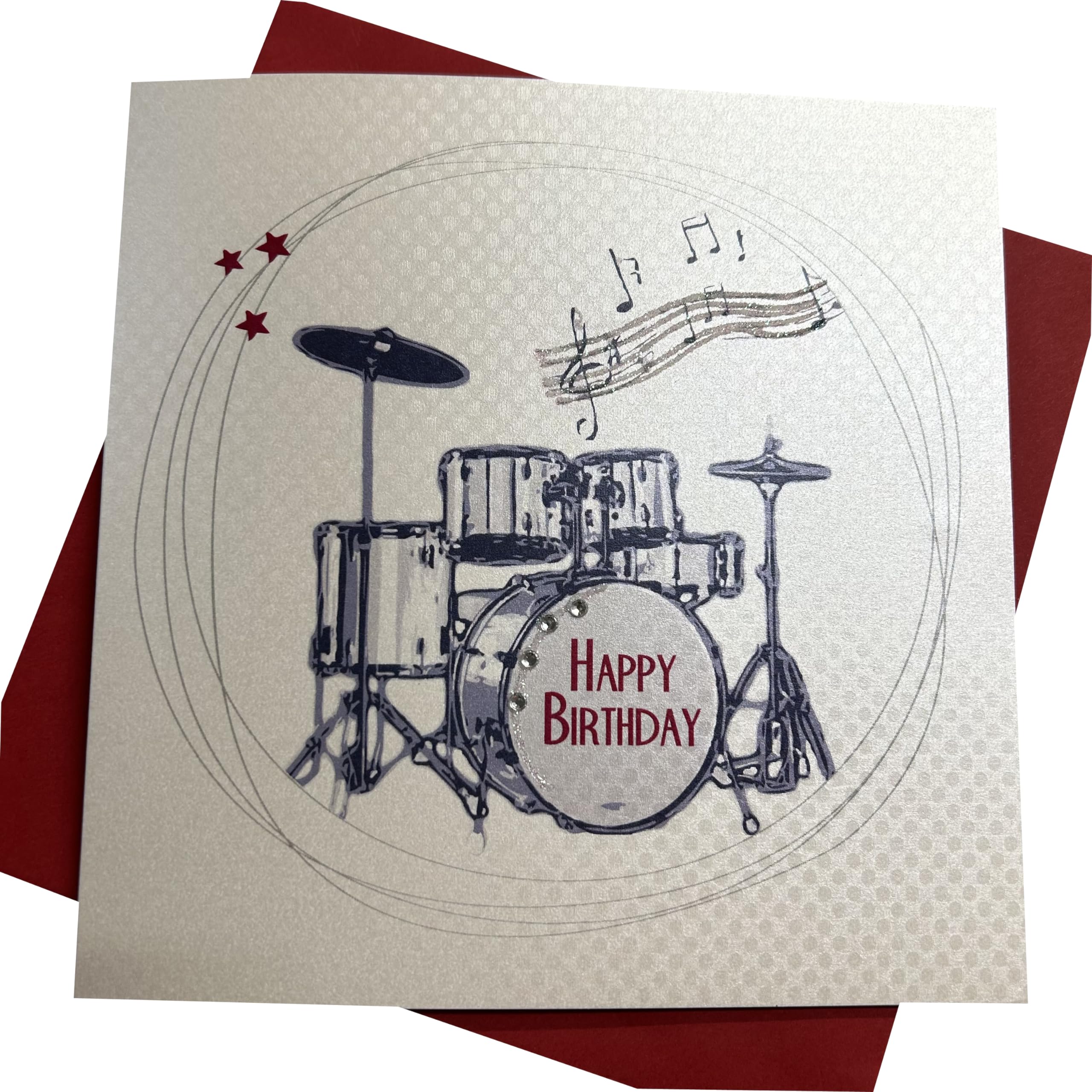 White Cotton Cards"Drums Happy Birthday" Handmade Birthday Card, SB53,grey,16cm x 16cm