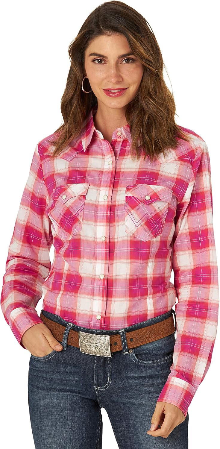 Wrangler Women's Retro Long Sleeve Western Snap Shirt Button, Pink