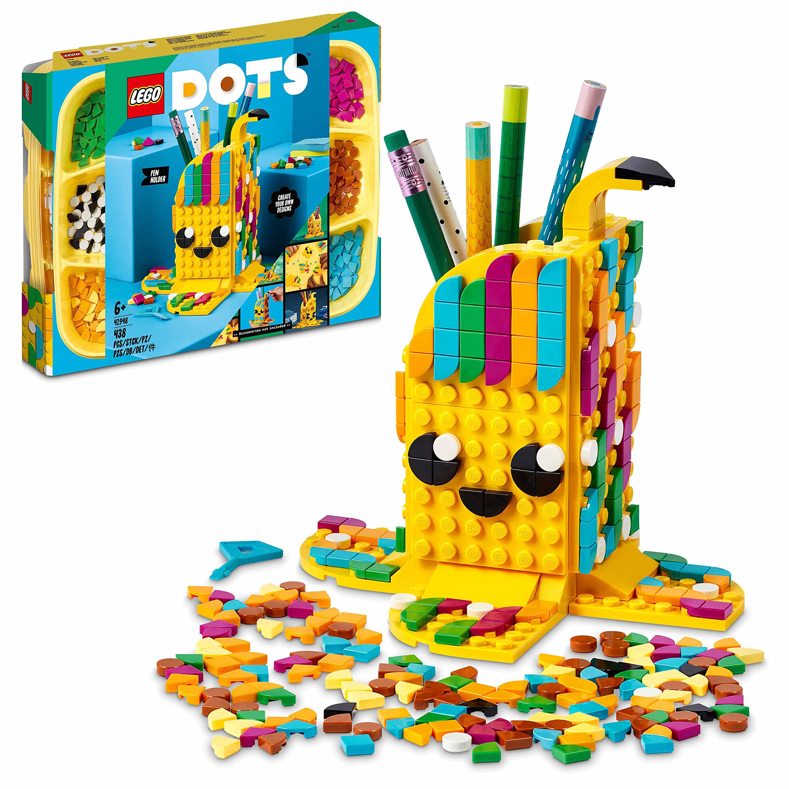 LEGO DOTS Cute Banana – Pen Holder 41948 DIY Craft Kit; Customizable Room Decor Piece That Kids can Decorate with Bright, Colourful Tiles; Tasty Fruit-Themed Playset for Fans Aged 6+ (438 Pieces)