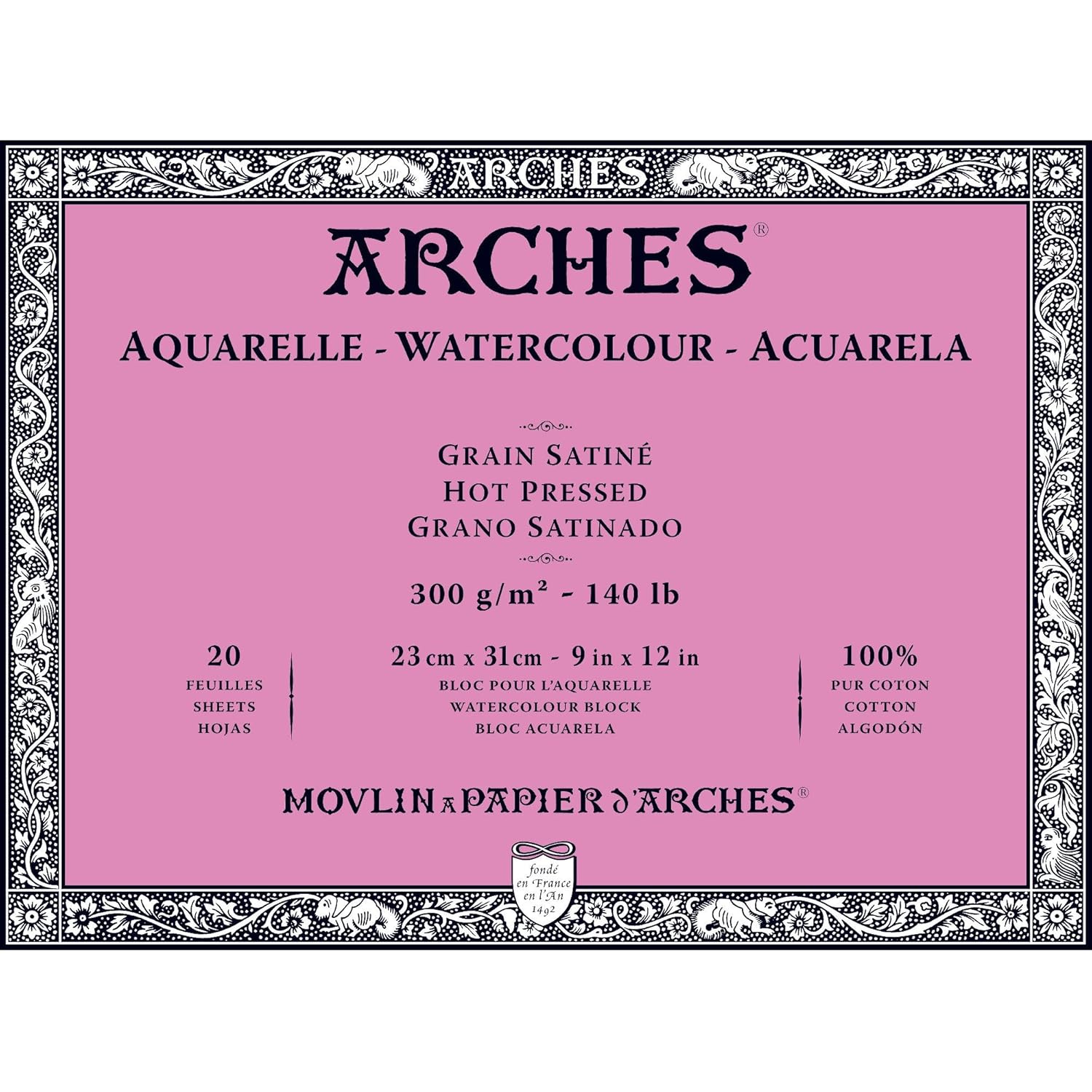 Arches Watercolor Paper Block, Hot Press, 9" x 12", 140 pound