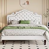 Allewie Queen Bed Frame with Adjustable Velvet Tiara Headboard, Upholstered Diamond Button Tufted Platform Bed, Wood Slats Support, No Box Spring Needed, Mattress Foundation, Easy Assembly, White