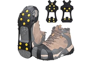 FUSIGO Ice Cleats Snow Traction Cleats, 10-Studs Walk Traction Cleats Crampons for Walking on Snow and Ice Anti Slip Rubber Walking Cleats Slip-on Stretch Footwear for Women Men Kids