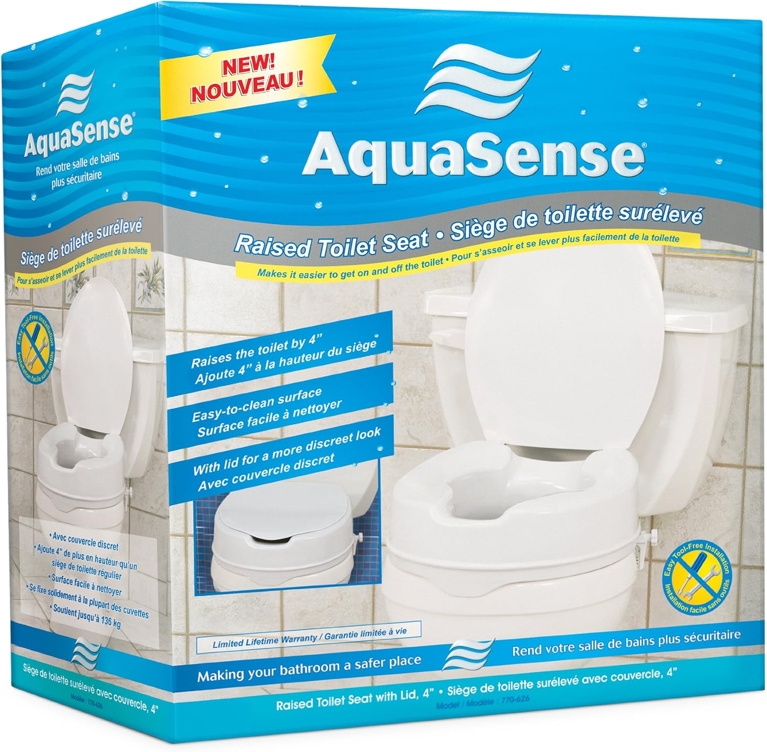 AquaSense Raised Toilet Seat with Lid, White, 4-Inches: Health & Personal Care