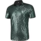 URRU Men's Relaxed Short Sleeve Turndown Sparkle Sequins Polo Shirts 70s Disco Nightclub Party Shirt Top