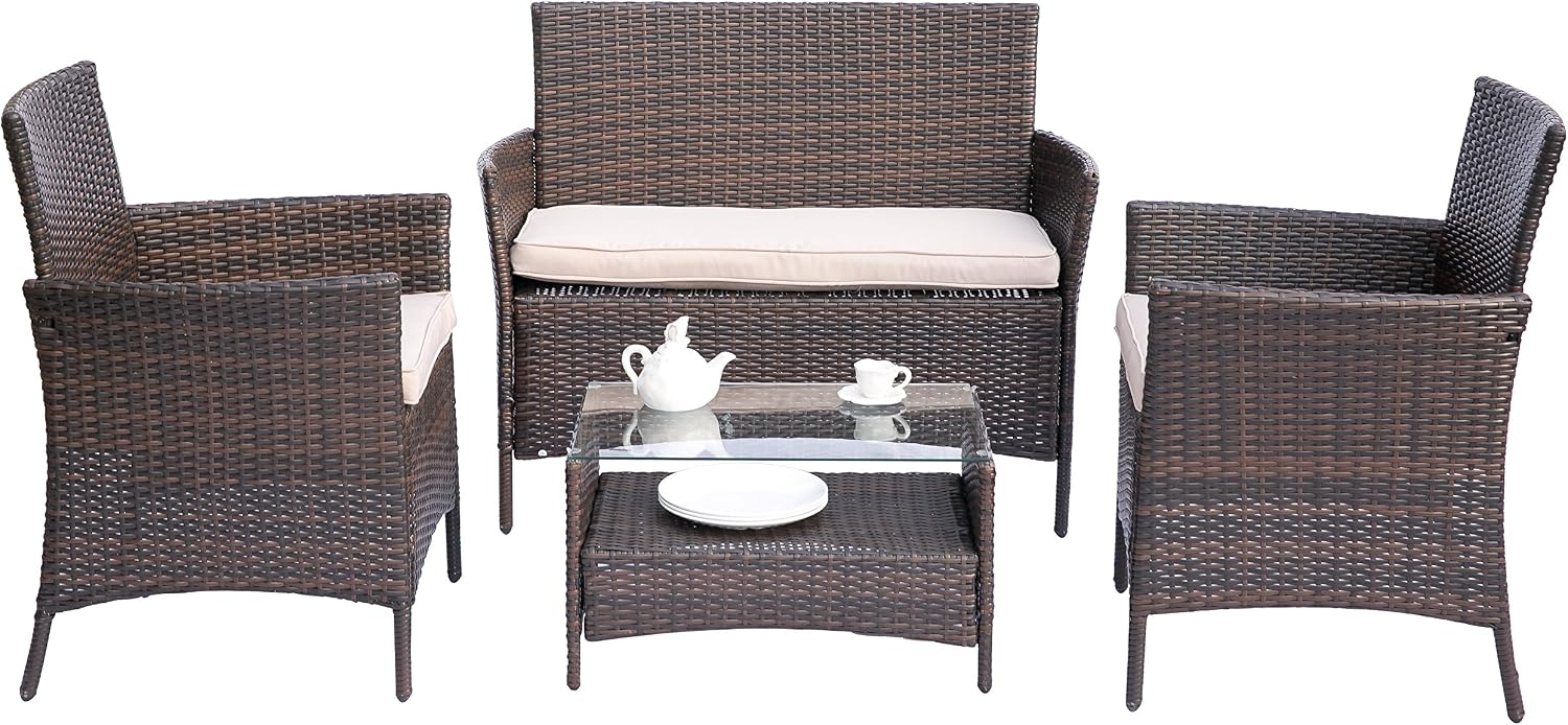 Amazon Com Hq Outdoor Wicker Rattan Love Seat And Chairs And Table Sets 4pc Rattan Wicker Garden Lawn Patio Conversation Furniture Sets With Cushioned Seats Brown Garden Outdoor