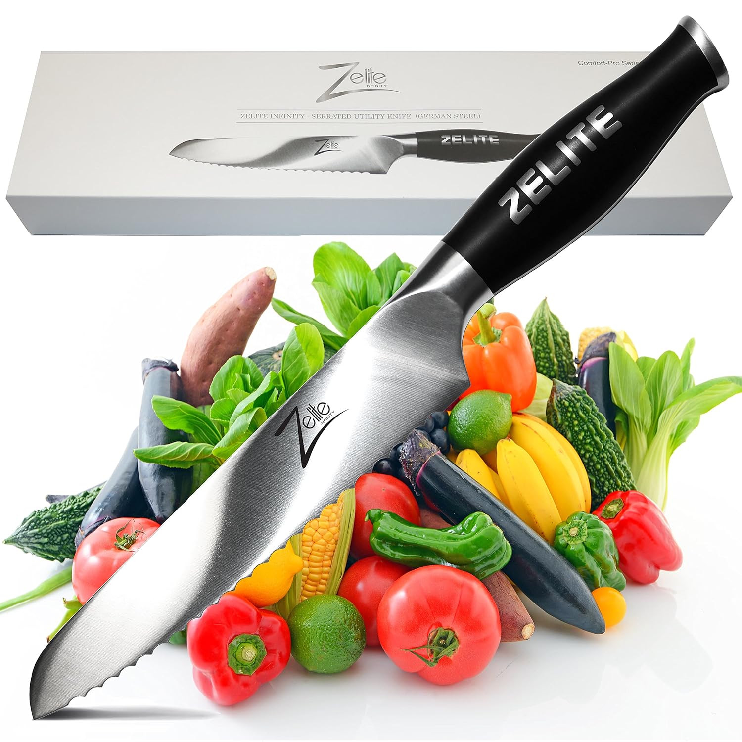 Zelite Infinity Serrated Utility Knife - Comfort-Pro Series - High Carbon Stainless Steel Chef Knives X50 Cr MoV 15 >> 6" (152mm)