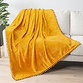 PAVILIA Fleece Throw Blanket for Couch with Pom Pom Fringe, Mustard Yellow, Soft Cozy Fuzzy Flannel Blanket for Sofa Bed, Lightweight Plush All Season Throw, 50x60 Inches
