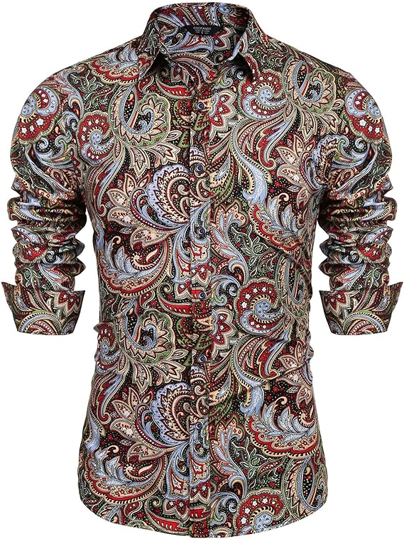 COOFANDY Herren Paisley Baumwolle LangarmShirt mit Blumenmuster