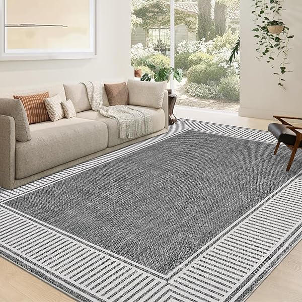 GARVEEHOME WASHABLE RUG 5X7 FOR BEDROOM LARGE LIVING ROOM RUG WITH RUBBER BACKING CASUAL STRIPED BORDER THROW CARPET MODERN CONTEMPORARY AREA RUG FOR DINING ROOM NURSERY ENTRY, GREY