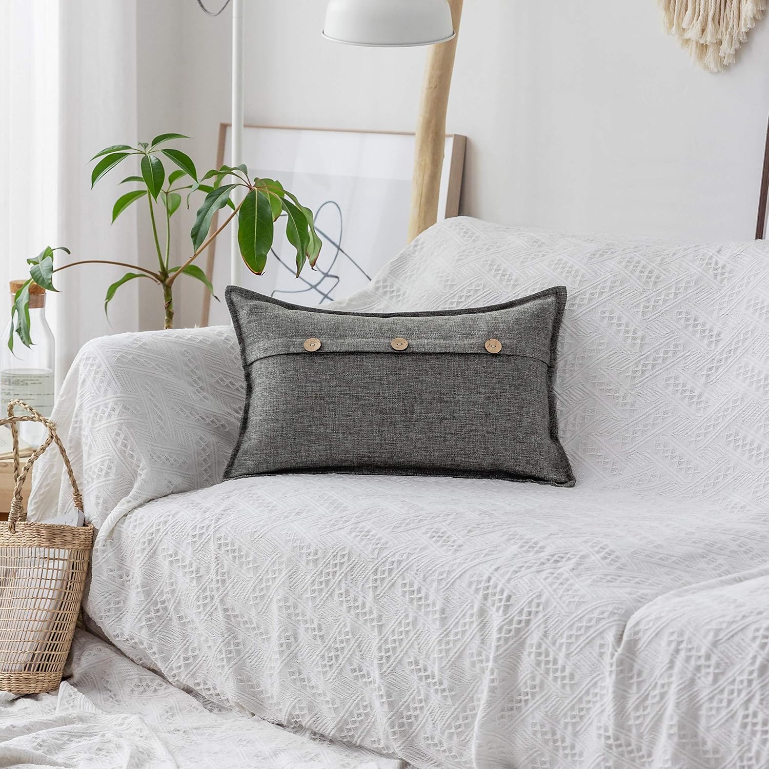 Home Brilliant Linen Gray Burlap Throw Pillow Covers Button Decorative 2 Pcs Cushion Covers for Sofa, 18x18 inch,45x45cm, Dark Grey: Home & Kitchen