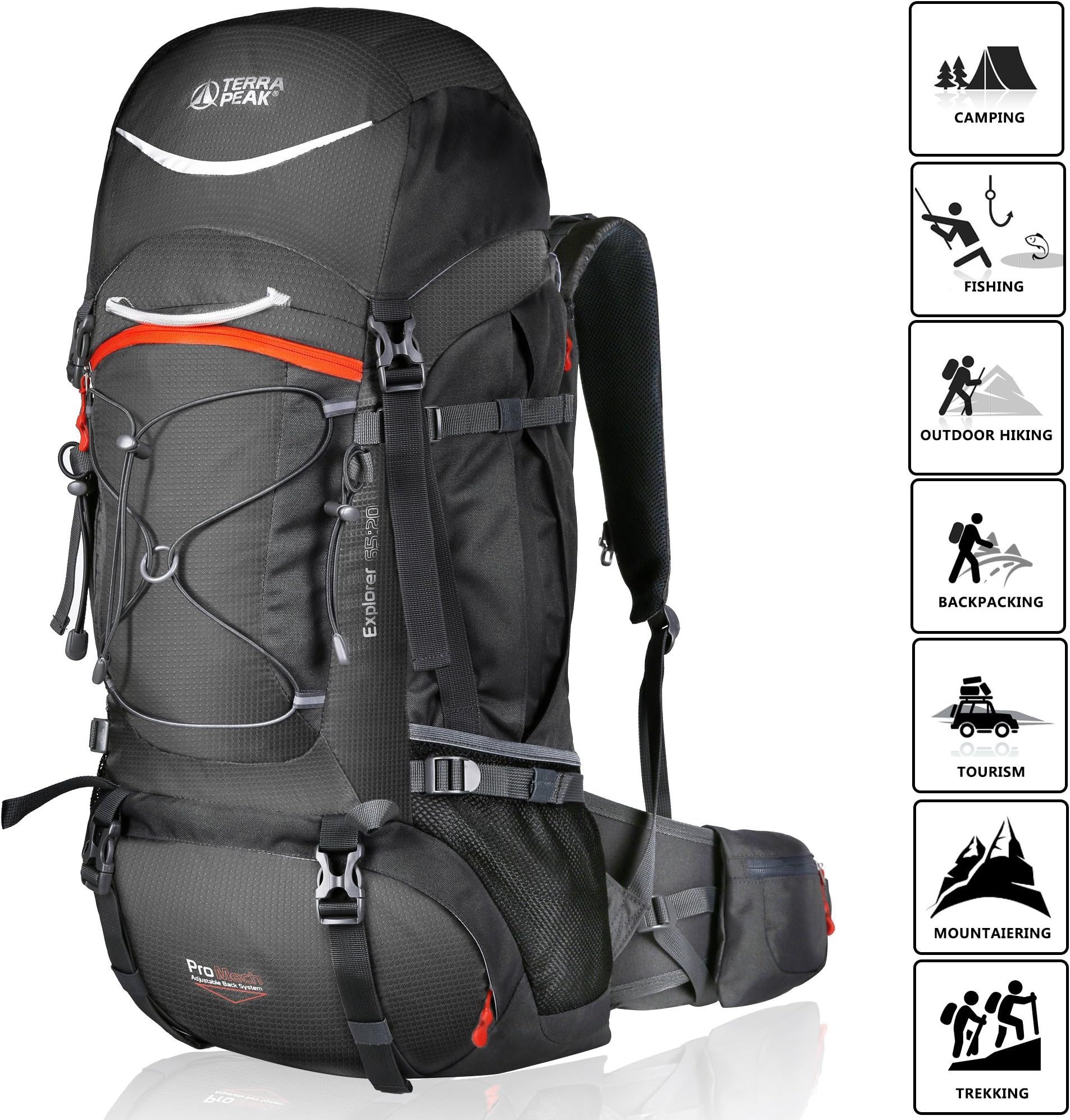 TERRA PEAK Adjustable Hiking Backpack 55L/65L/85L+20L for Men Women
