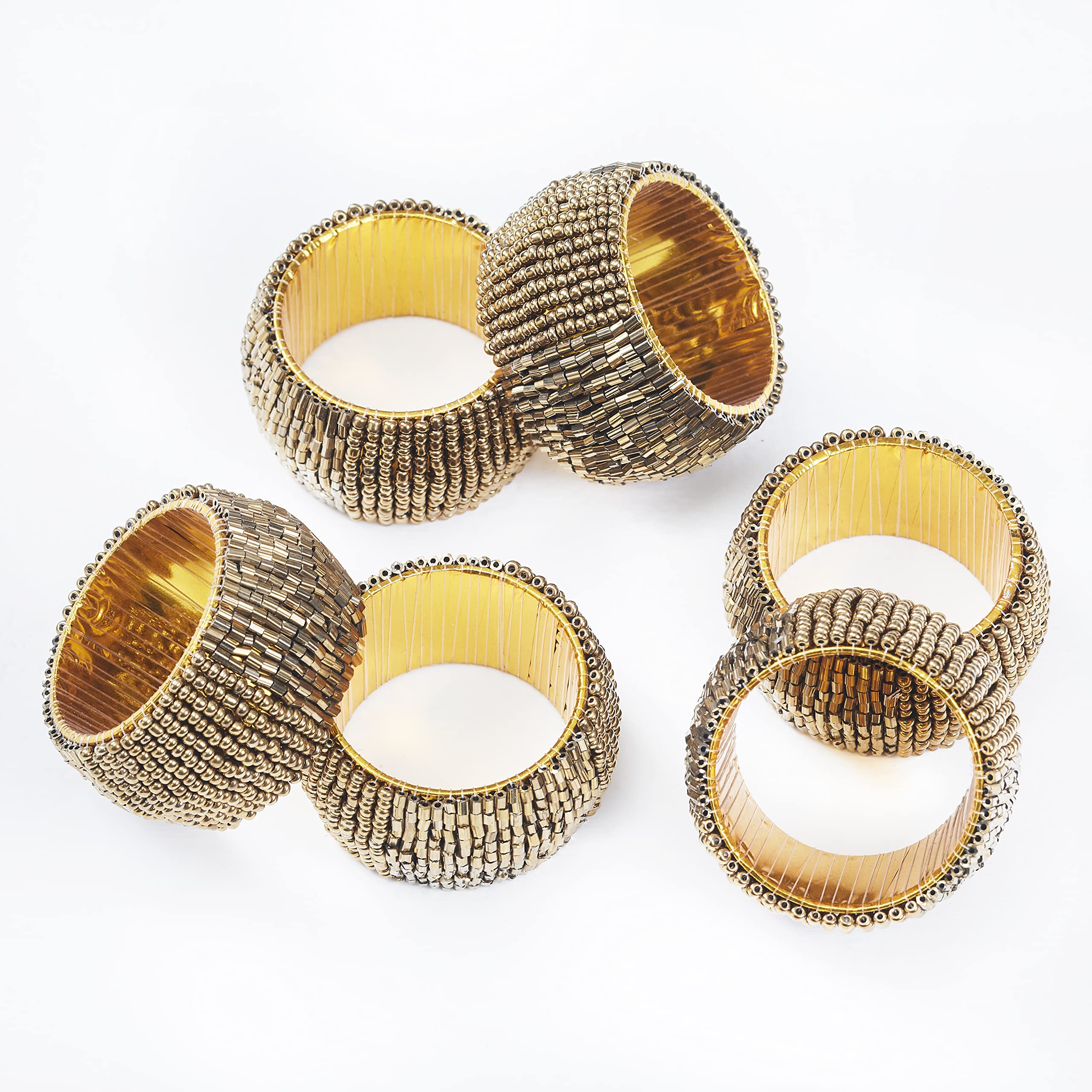 Penguin Home Set of 6 Handcrafted Glass Beaded Napkin Rings/Napkin Buckles/Table Decor for Dinner Wedding Party/Thanksgiving, Christmas/Diameter : 5 cm Height : 3 cm/Antique Gold