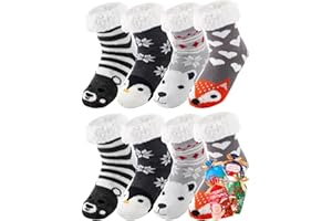 Foaincore 4 Pairs Kids Boy Girls Fuzzy Slipper Socks with Grippers Cozy Non Slip Winter Socks Cute Animal Kid Christmas Socks