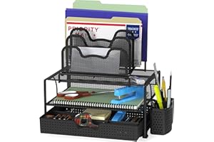 SimpleHouseware Organiseur de bureau en maille avec tiroir coulissant, double plateau et 5 sections empilables Noir