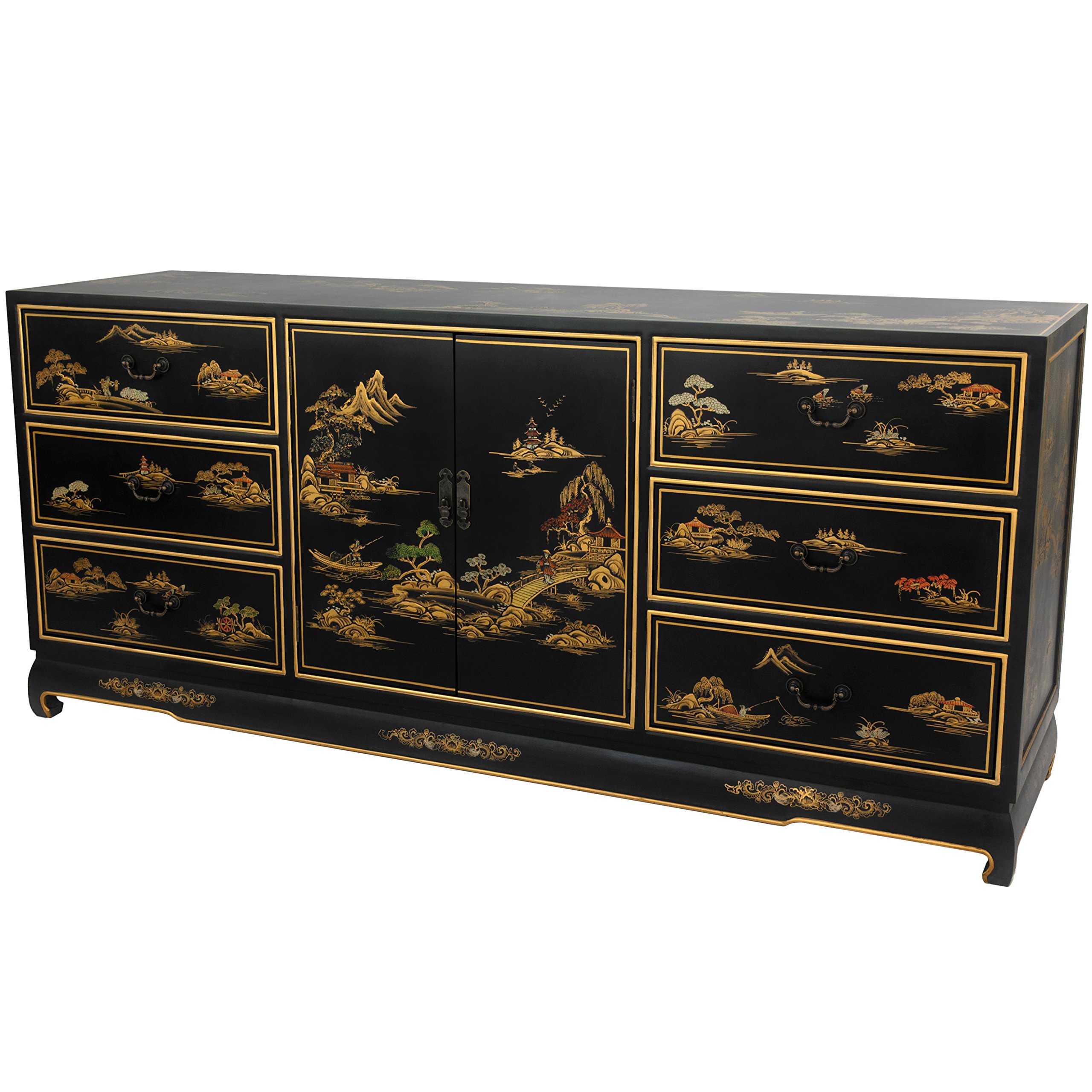 Photo 1 of Red Lantern Artisan Crafted Black Lacquer Cabinet - Hand Painted Landscape (factory sealed)