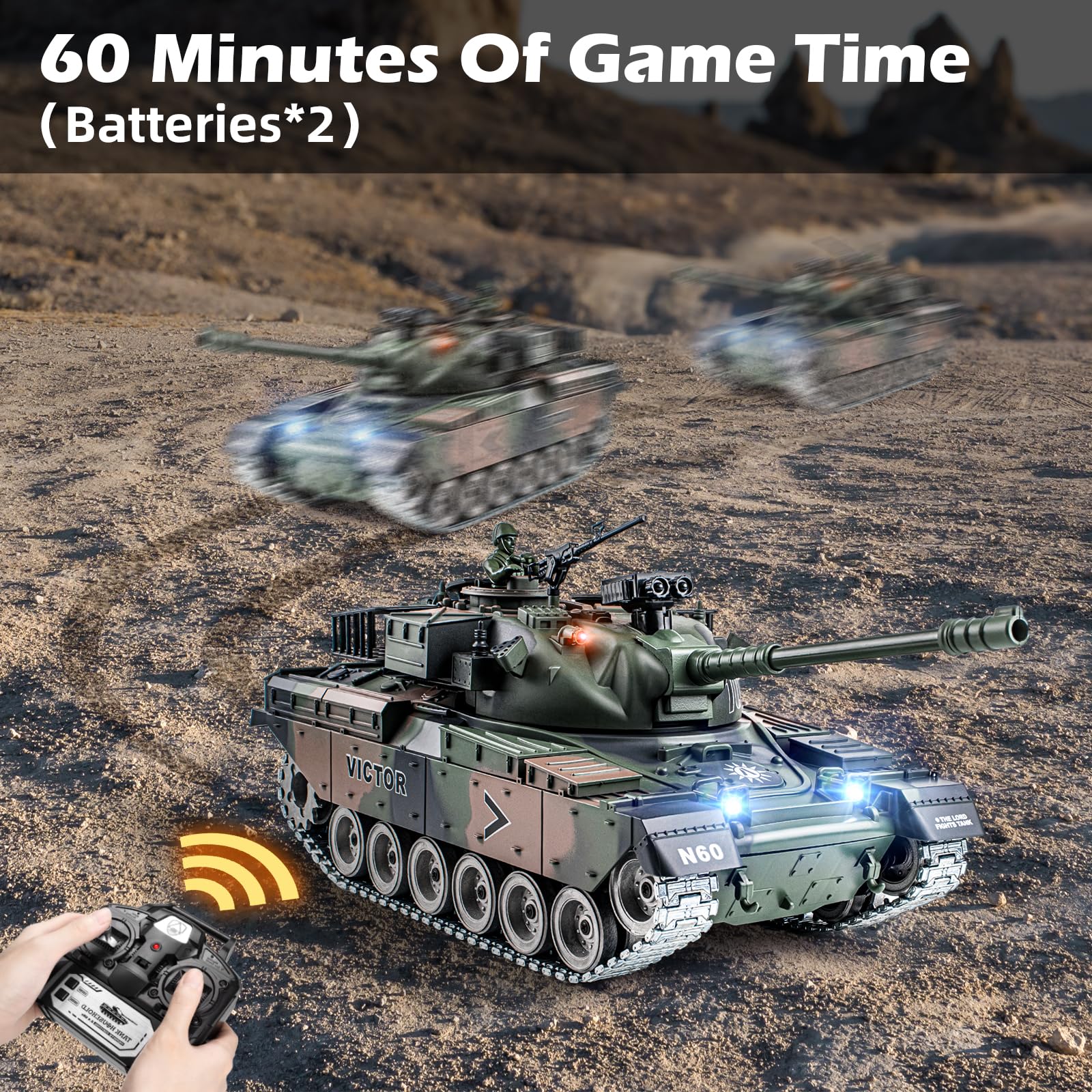 Supdex RC Tank, 1:18 Alloy Metal US M60 Remote Control Army Model Toys, 2.4Ghz RC Vehicle with Realistic Smoke, Sound and Lights, Military Tank That Shoots BBS and Water Bombs for Adults and Kids