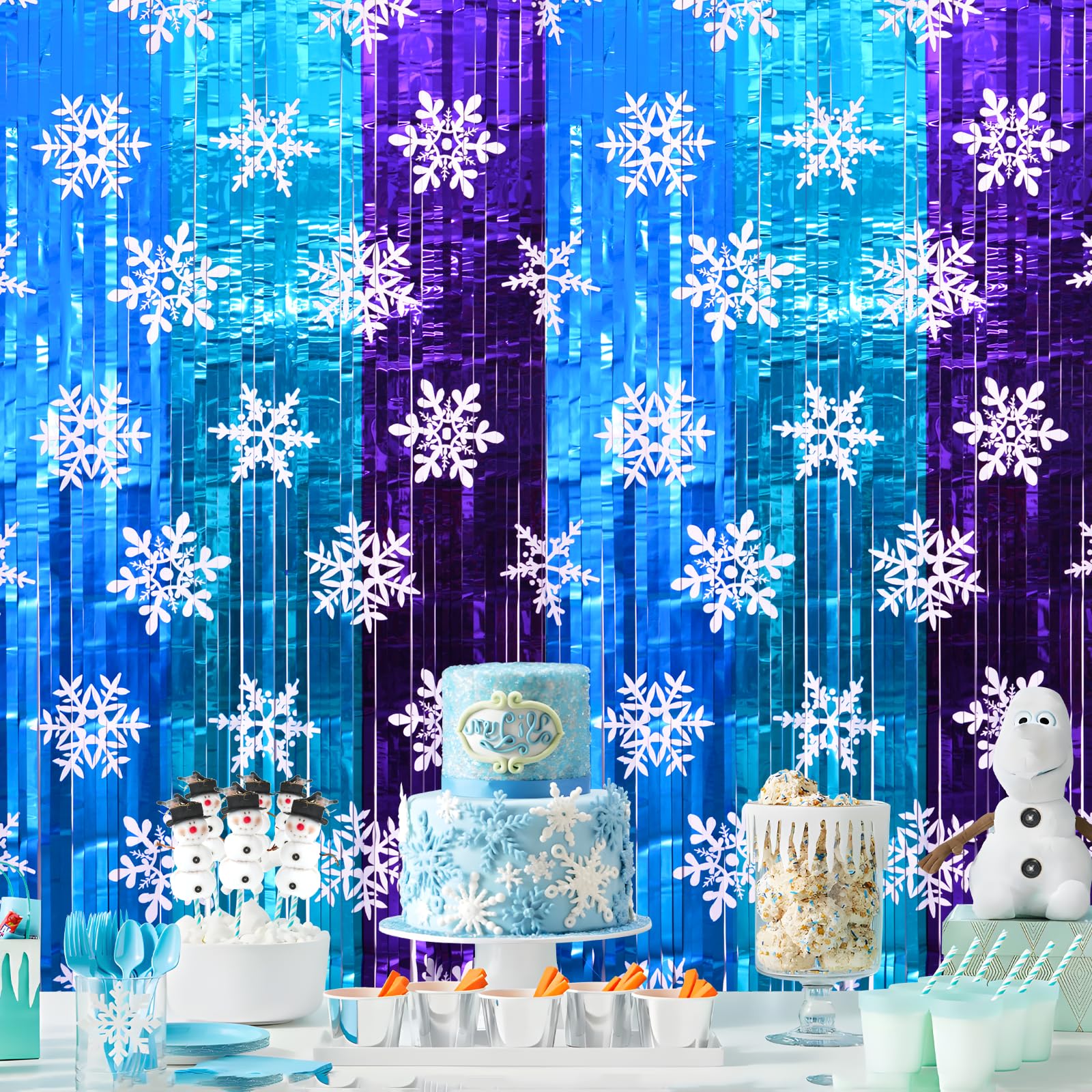 Bupelo Winter Princess Birthday Party Decorations, 2 Pack Ice Birthday Party Supplies 3.3x6.6ft Tinsel Foil Fringe Curtains, Winter Photo Booth Prop Backdrop Streamer, Snowflake Birthday Party Decor