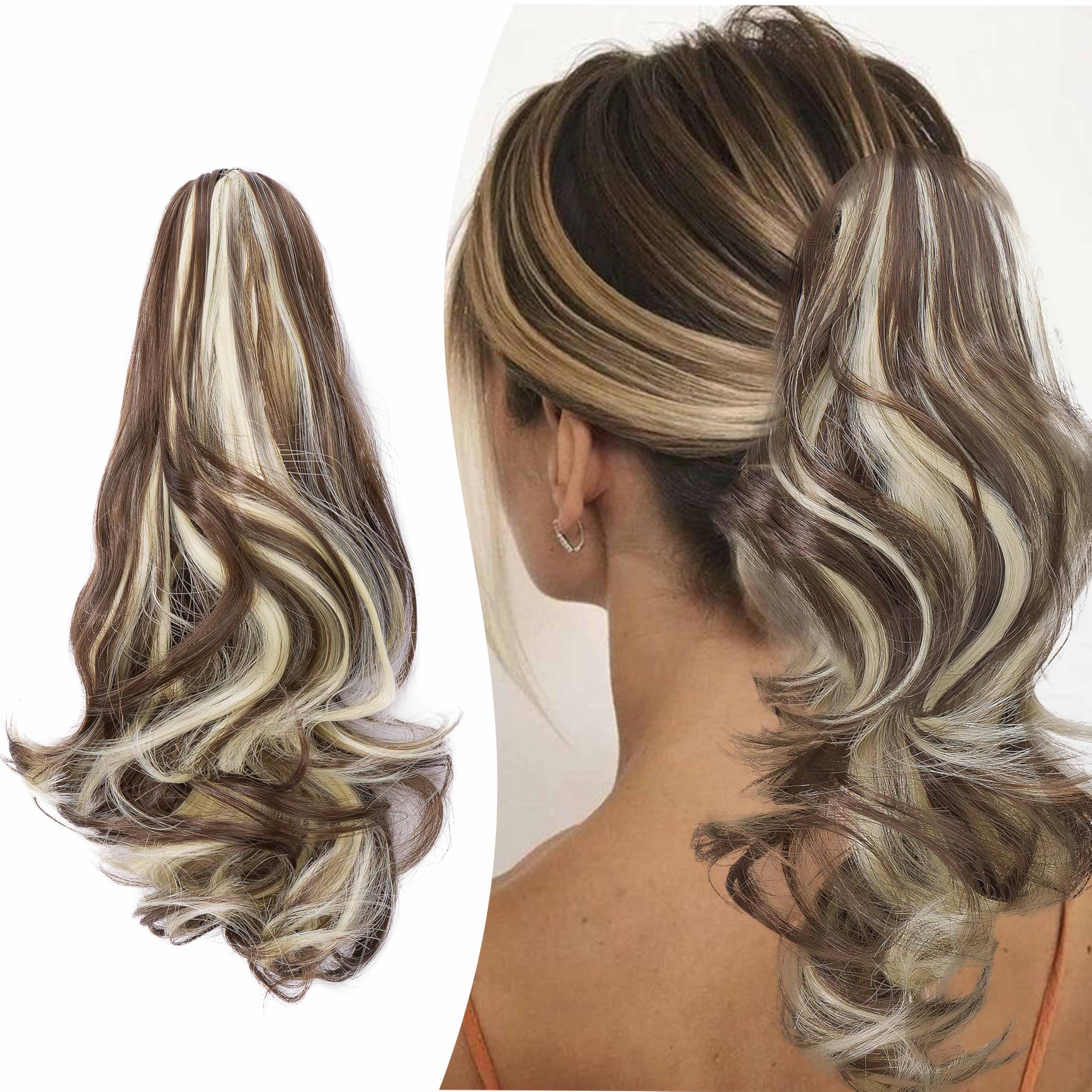 Gairyan 10" Clip in Ponytail Hair Extensions Curly Ponytail Extension Claw on Pony tails Wavy Synthetic Hairpieces for Women Real Natural Short Wave, Chestnut Brown & Bleach Blonde — image 1