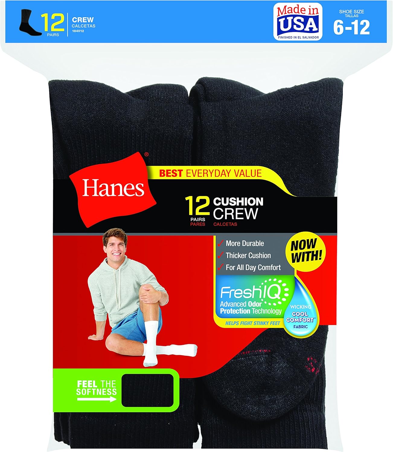 Hanes Mens 12-Pack FreshIQ Odor Protection Crew Socks at  Men’s Clothing store
