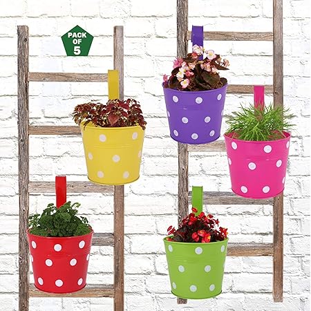 Leafy Tales Single Pot Metal Hanging Planter - Set of 5 (Rust Free - Red, Green, Yellow, Pink, Purple) - Single Hanger