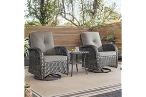 HUMMUH Outdoor Swivel Chairs,3 Pieces Patio Furniture Set with 360 Degree Wicker Swivel Rocking Chairs and Side Table for Garden,Porch,Backyard (Brown/Grey)