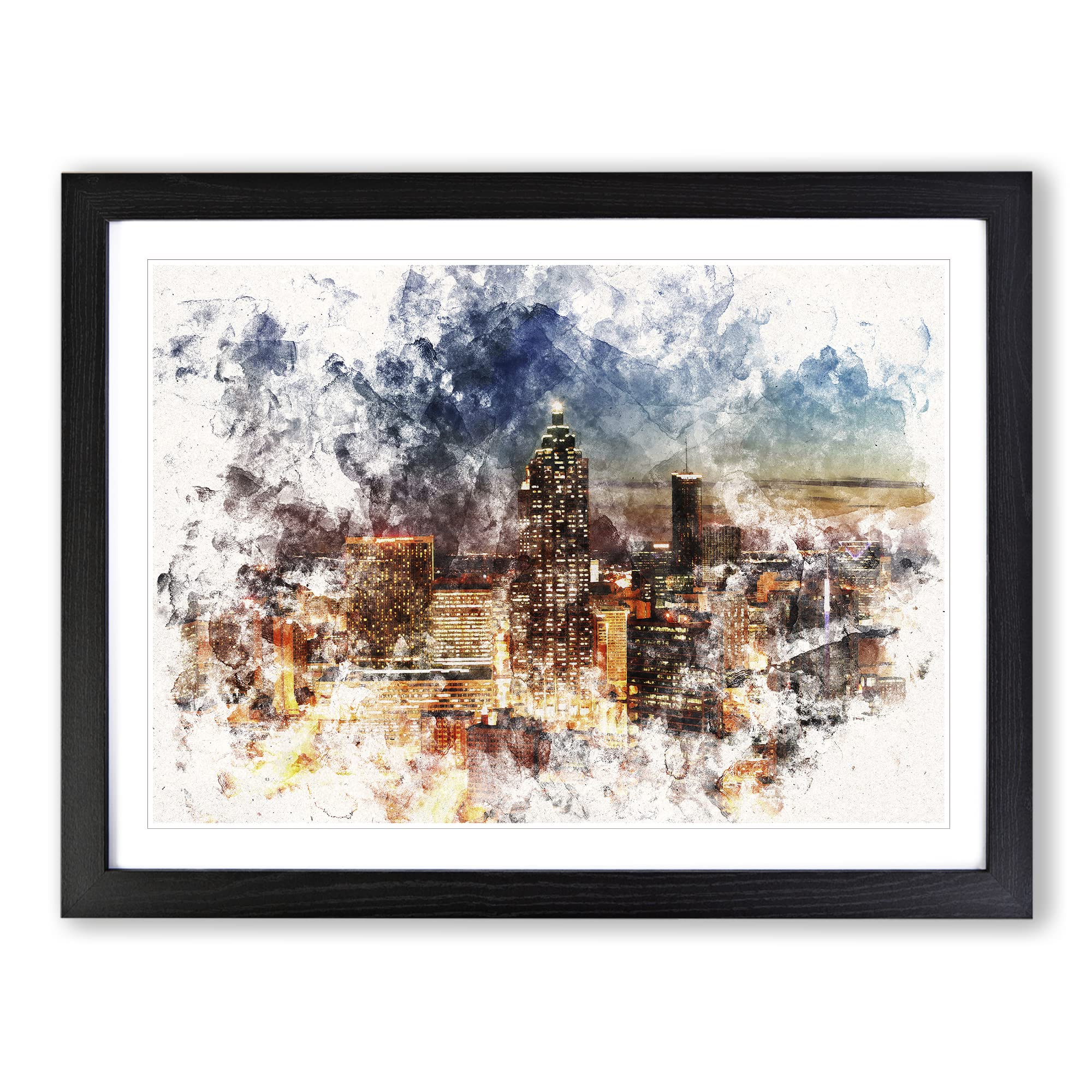 Atlanta Georgia Skyline Watercolour Modern Framed Wall Art Print, Ready to Hang Picture for Living Room Bedroom Home Office Décor, Black A3 (46 x 34 cm)