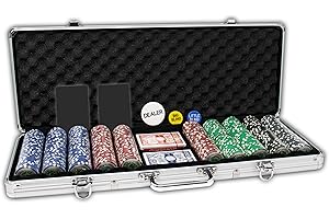 DA VINCI Professional Set of 500 11.5 Gram Casino Del Sol Poker Chips with Denominations, 2 Decks of Plastic Playing Cards, 2 Cut Cards & 3 Dealer Buttons (Silver Aluminum Frame Case)
