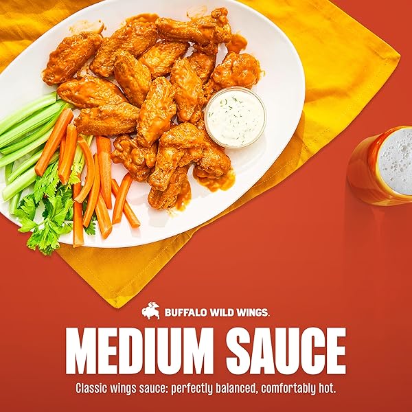 BUFFALO WILD WINGS MEDIUM BUFFALO SAUCE, 12 FL. OZ., PERFECT DIPPING SAUCE, CHICKEN MARINADE, WING SEASONING AND BURGER TOPPING, ENJOY A MEDIUM, COMFORTABLE HEAT