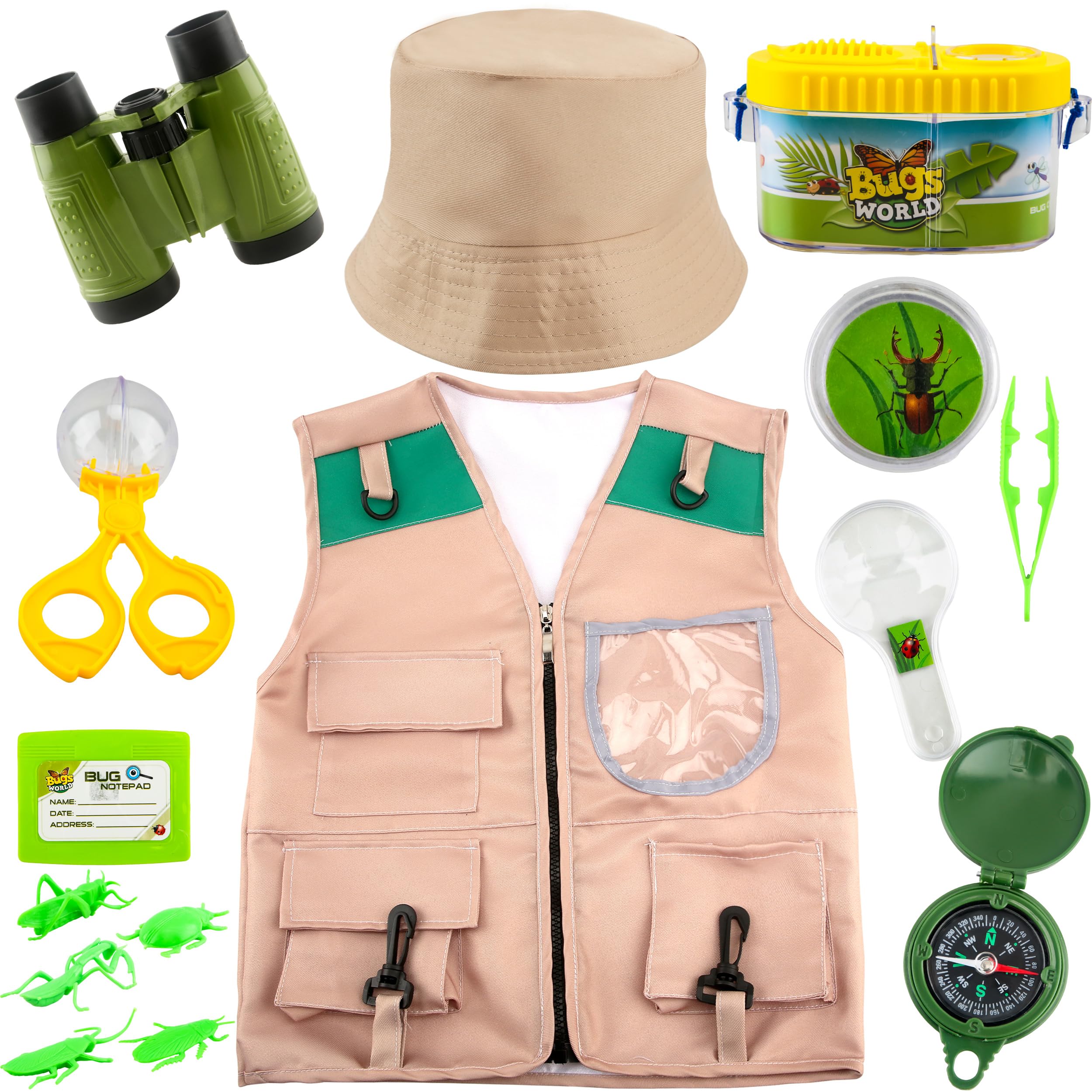 Puteraya 11 Pcs Kids Safari Costume Set Kids Safari Vest Hat with Explorer Safari Kit Props for Boys Girls Paleontologist Zoo Keeper Dress Up Camp Adventure Halloween Party Cosplay