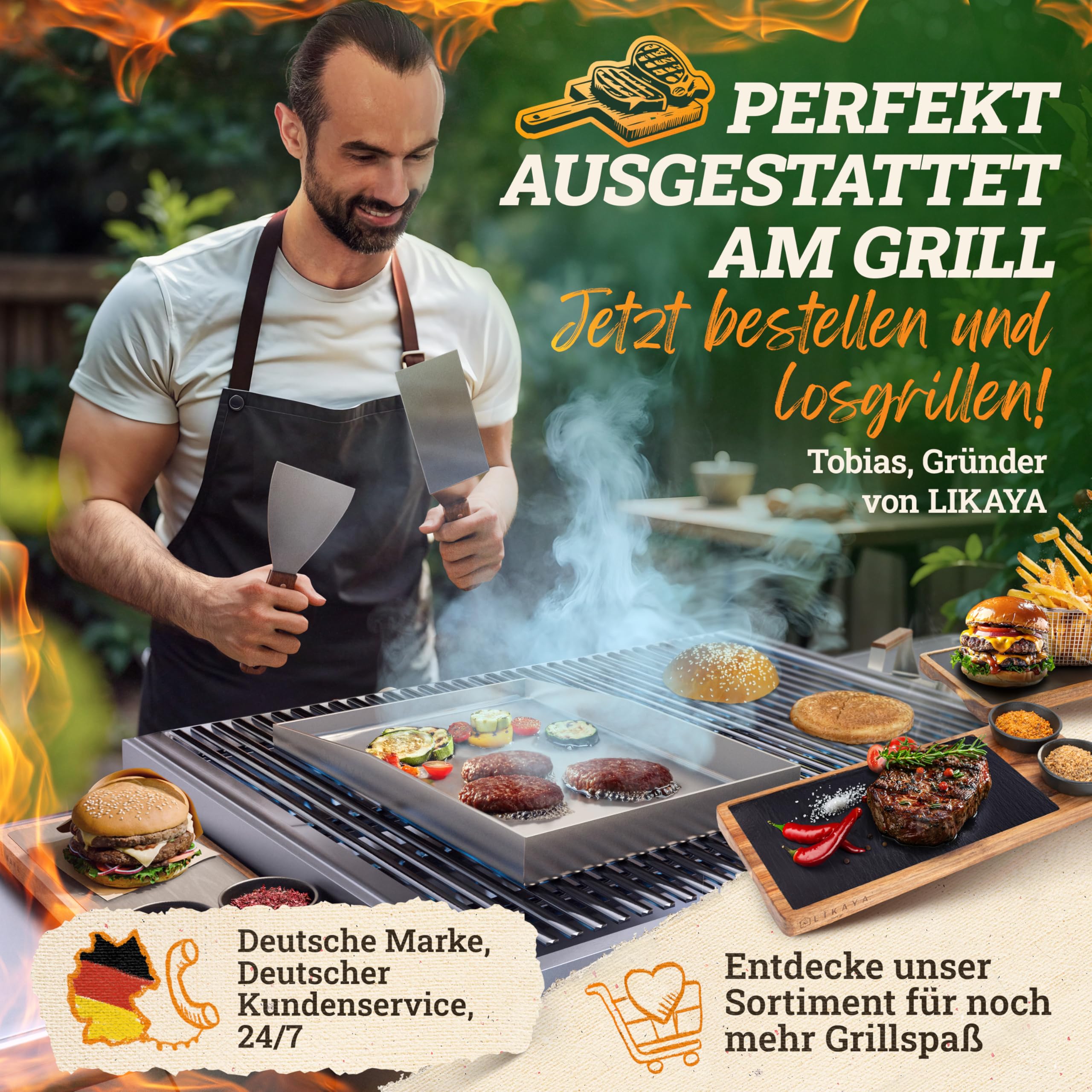 LIKAYA® Plancha Grillplatte [30x40cm] mit 2x Grillspachtel mit FSC-Akazienholzgriff Grillzubehör | Verzugsfreier Edelstahl | Plancha Gasgrill Kohlegrill | Geschlossene Ecken ohne Auslaufen 7